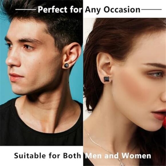 Black & Silver Stainless Steel Stud Earrings - Unisex  2 Pairs Unisex Hypoallergenic Black Stainless Stud Earrings